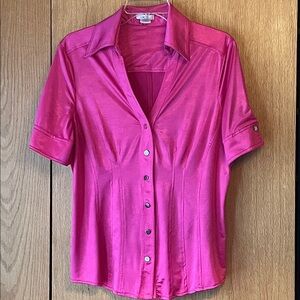 Vintage Cache Y2K hot pink snap open collar V neck shiny satin top shirt blouse